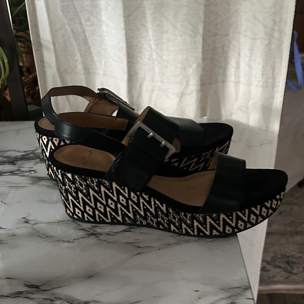 new directions Black Platform Wedge Sandals with Patterned Platform